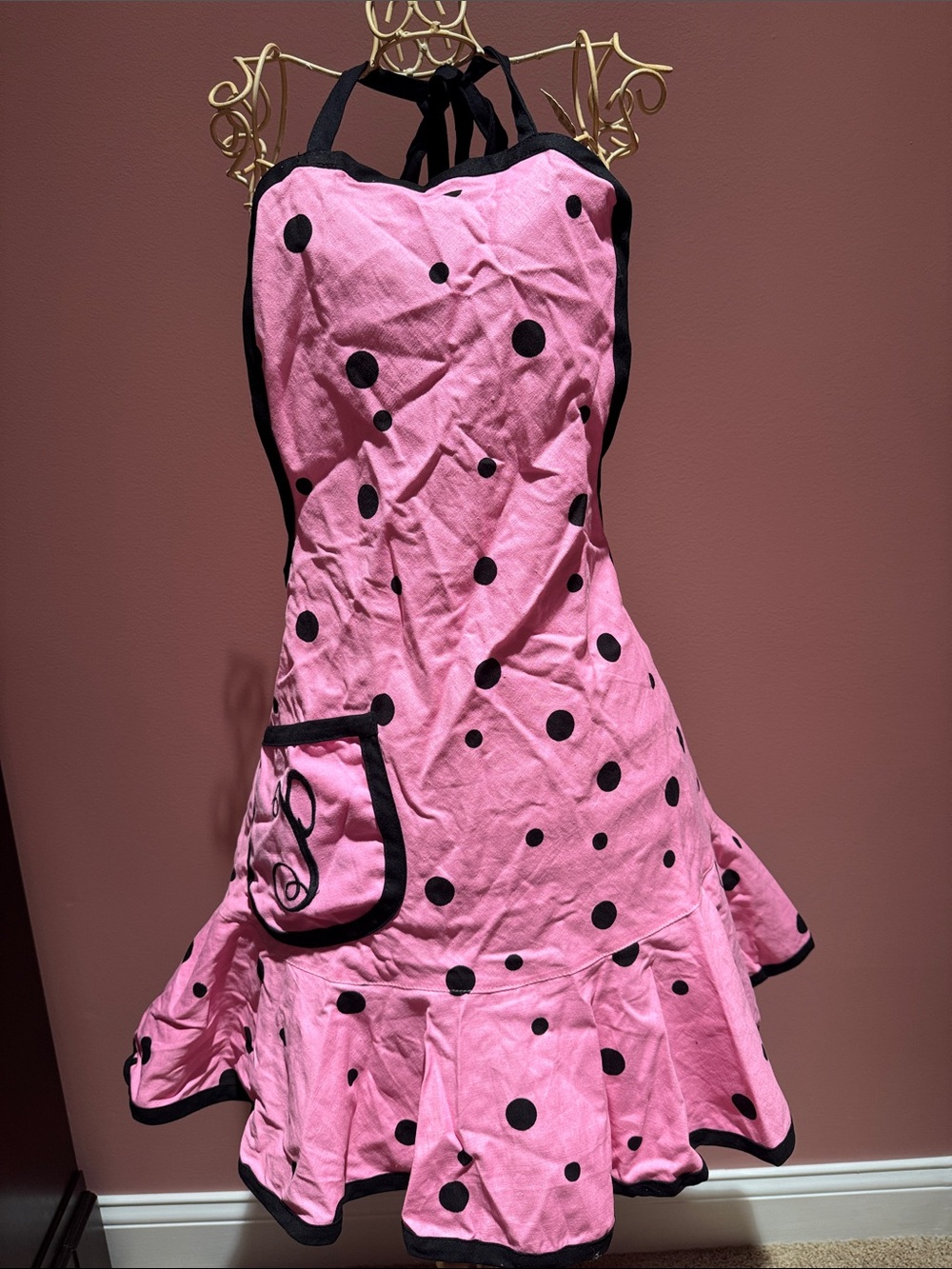Retro Pink Polka Dot Ruffle Apron / Costume Attire - Monogrammed Letter P